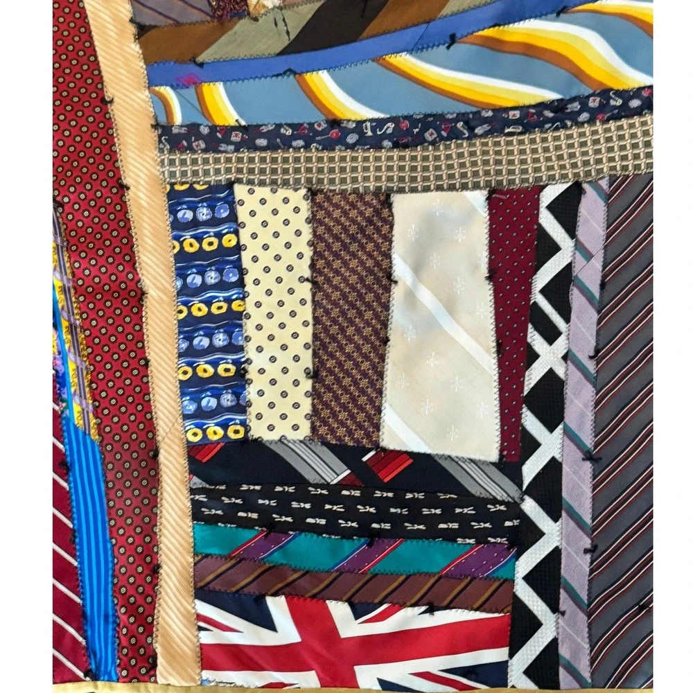 Vintage Handmade Silk Necktie Patchwork Quilt Gucci Designer Labels 63x54